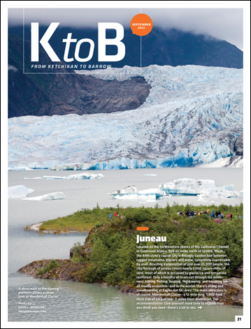 Tearsheet from the Sept., 2014 edition of Alaska magazine showing tourists at the Mendenhall Glacier