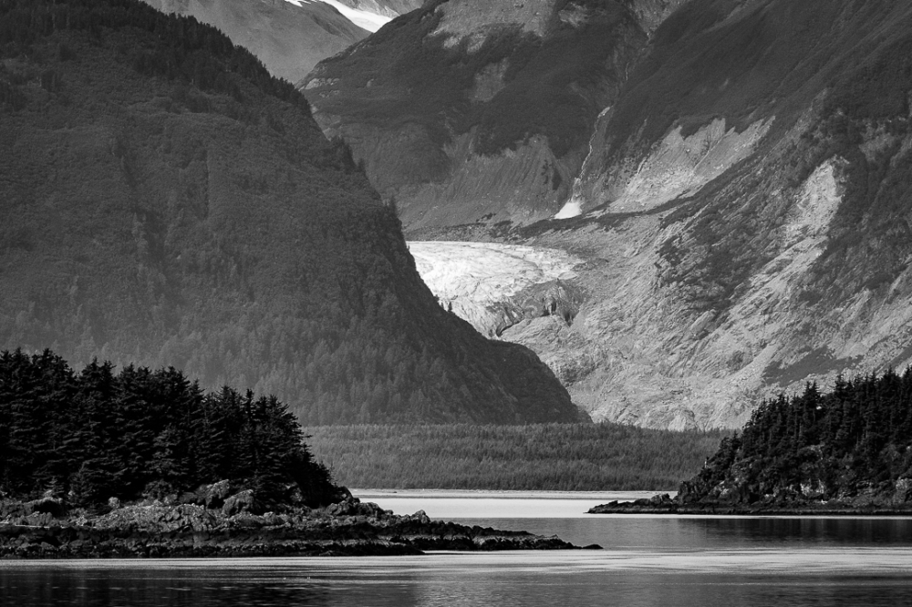 Davidson Glacier is framed by Talsani Island and the tip of the Chilkat Peninsula, in this view from the Lynn Canal near Haines, Alaska.